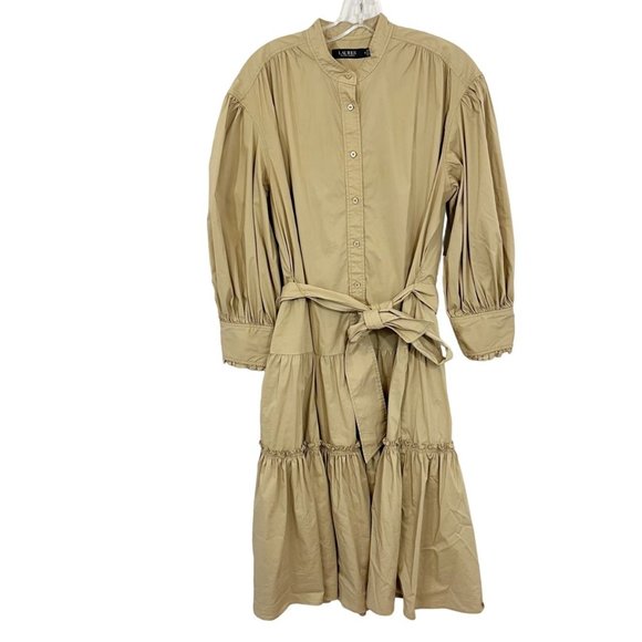 Lauren Ralph Lauren Dresses & Skirts - Lauren Ralph Lauren Rapisha Tiered Midi Dress Tan Shirt Dress Belt - Size 12